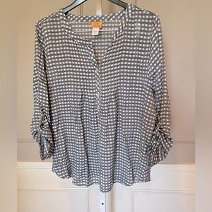 Ruby Rd. women's peasant buffalo check blouse top shirt Large semi-sheer